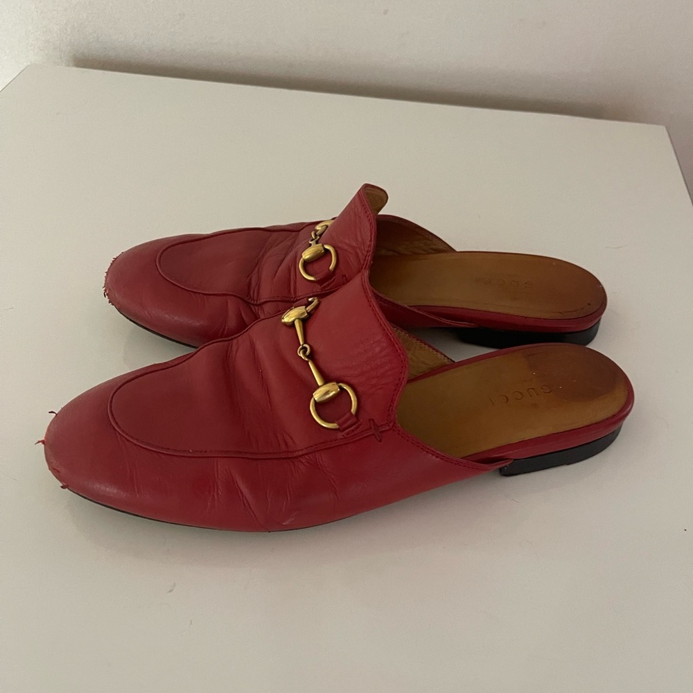 Red Horsebit Accent Leather Mules